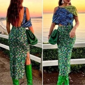 Zara Floral Midi Dress Stretch Asymmetrical Blue Green Print Blogger Fave SizeXS